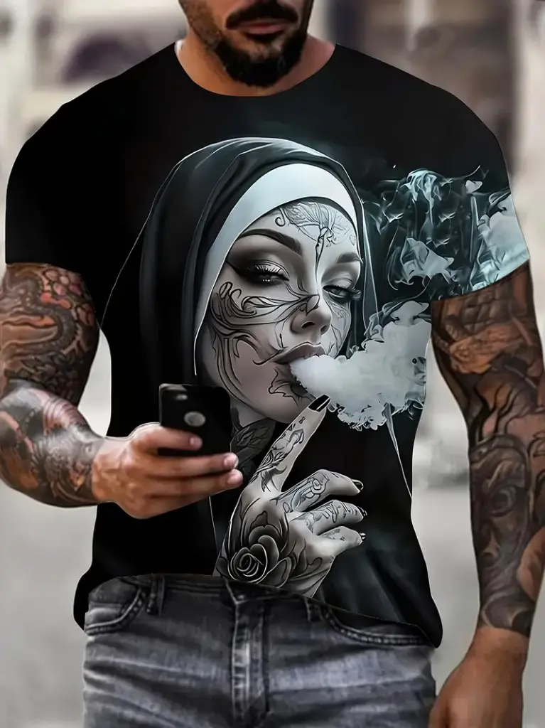 Men’s Black 3D Graphic T-Shirt – Smoking Nun Design