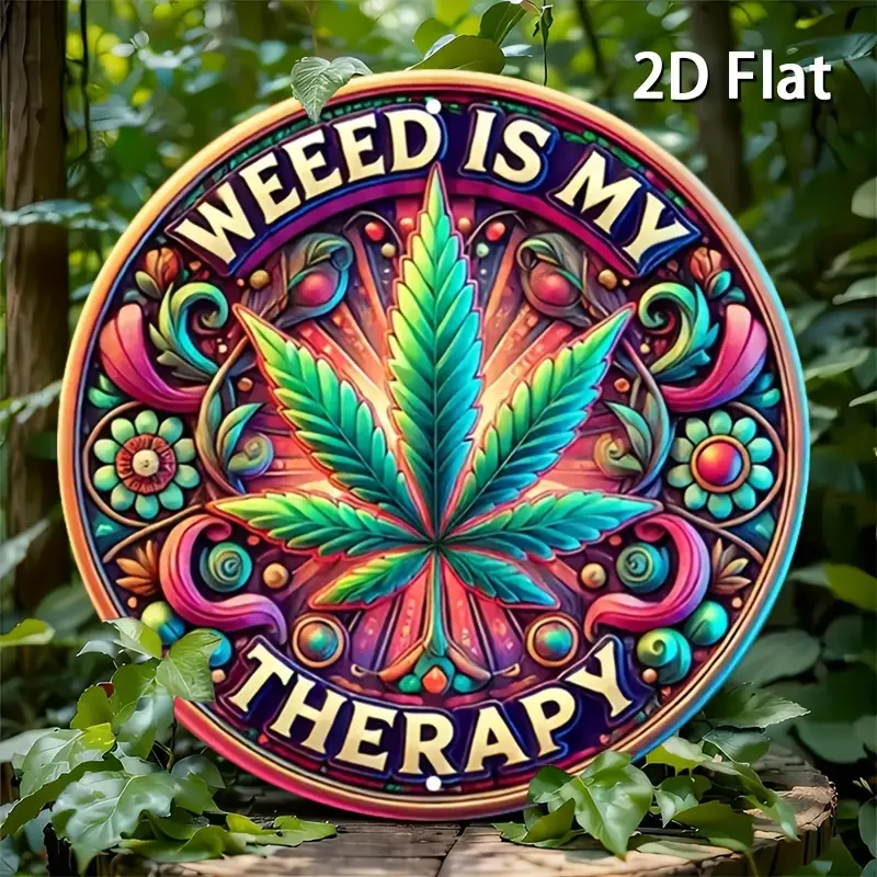 Vintage “Weed Is My Therapy” Metal Sign - Round Botanical Art Poster