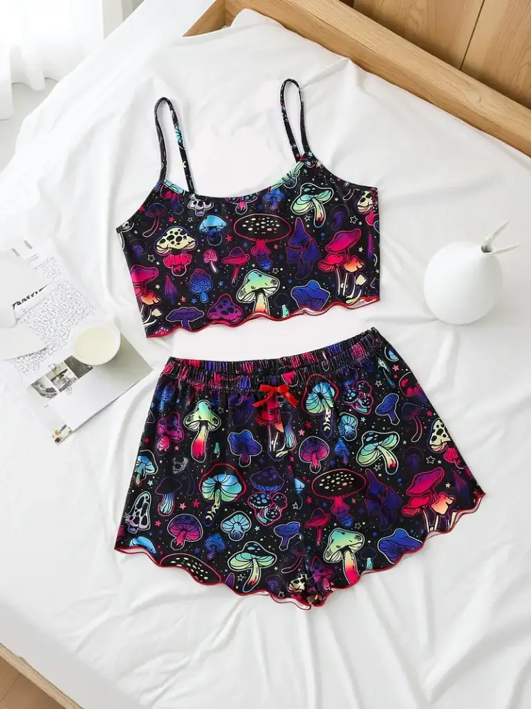Colourful Mushroom Print Frill-Trim Pajama Set