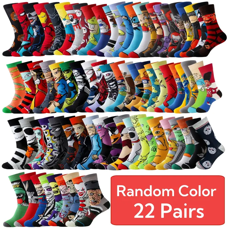 Men's Fashion Cartoon Pattern Round Neck Socks – 22 Pairs