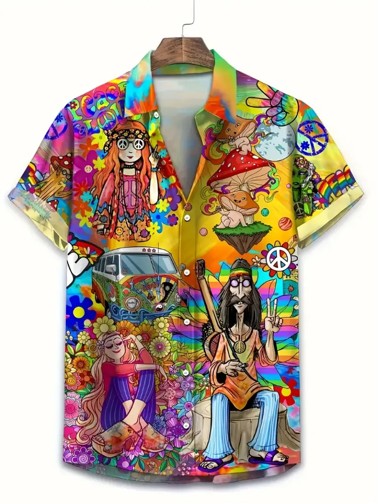 Men's Hawaiian Short Sleeve Shirt with Hippie & Aloha Print 