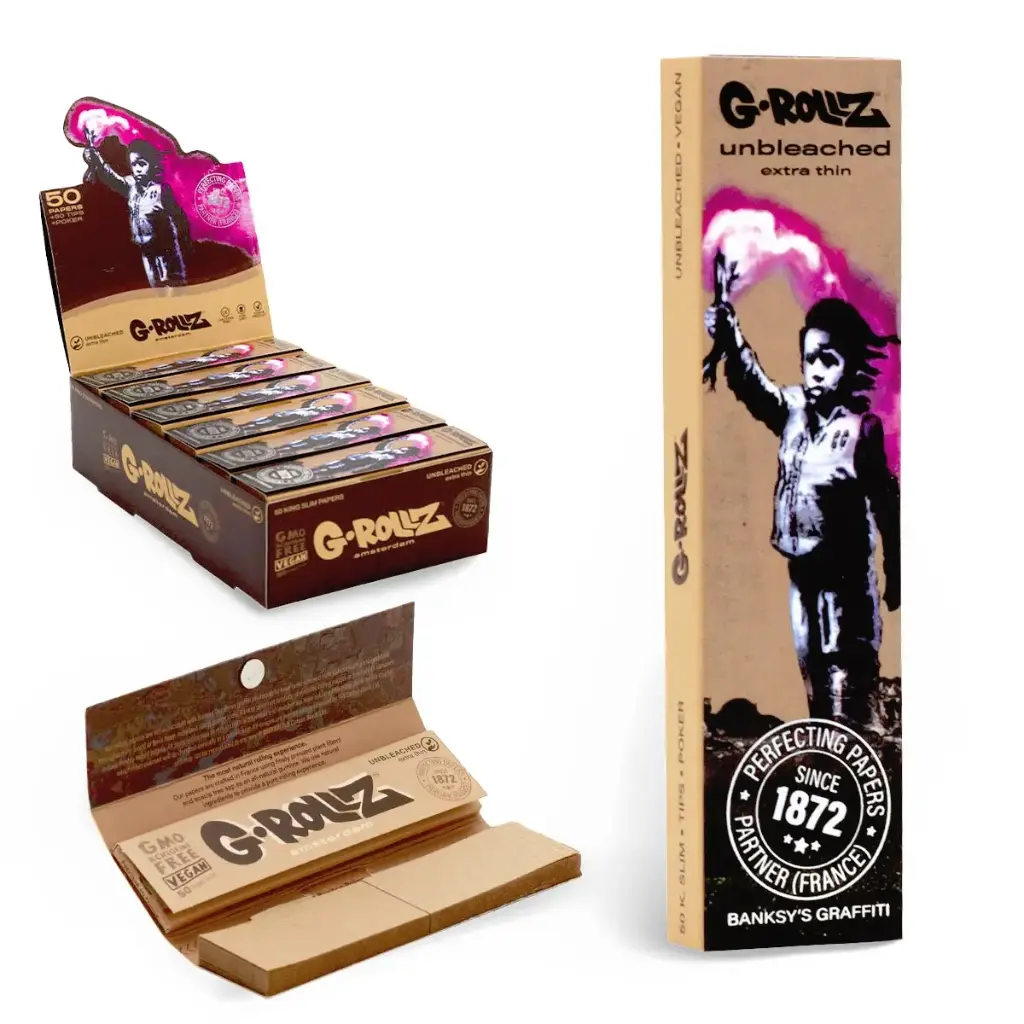 G-Rollz | Banksy's Graffiti 'Torch Boy' Unbleached - 50 KS Slim Papers + Tips (24 Booklets Display)