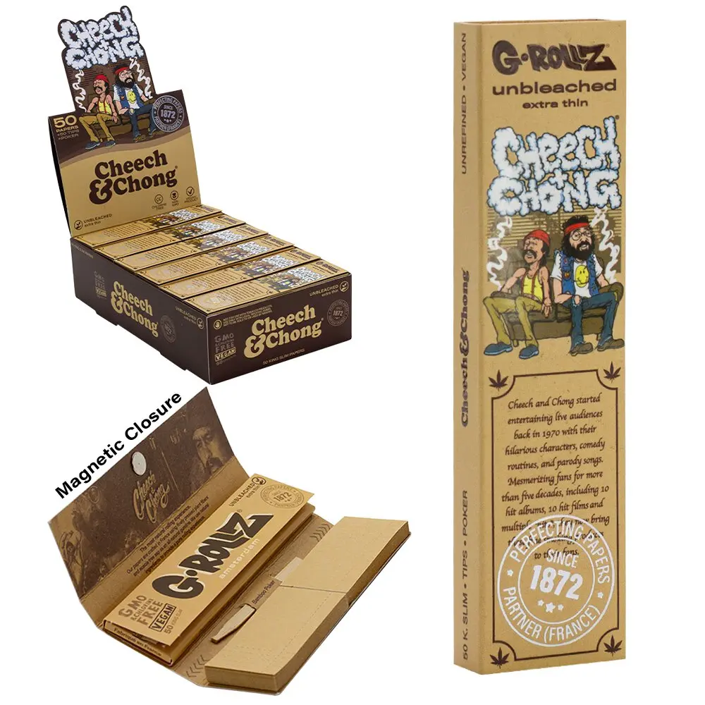 G-Rollz | Cheech & Chong™ 'In da Chair' Unbleached - 50 KS Slim Papers + Tips (24 Booklets Display)