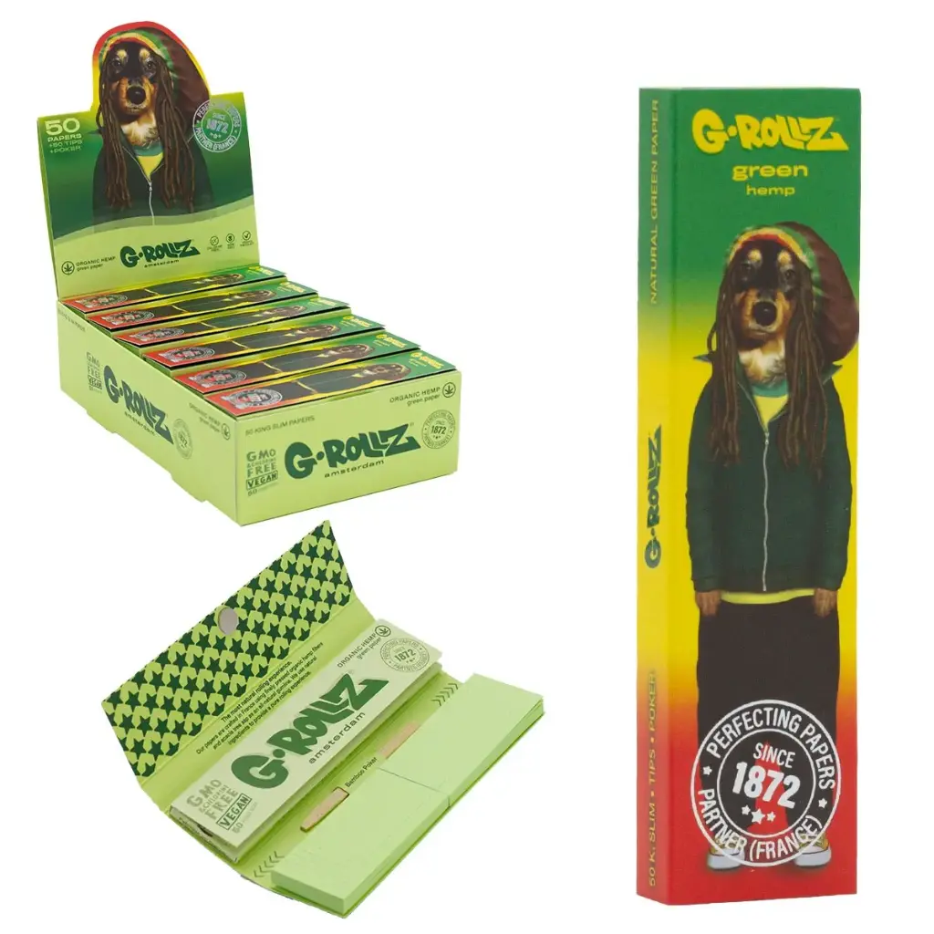 G-Rollz | Pets Rock 'Reggae' Green Hemp - 50 KS Slim Papers + Tips 