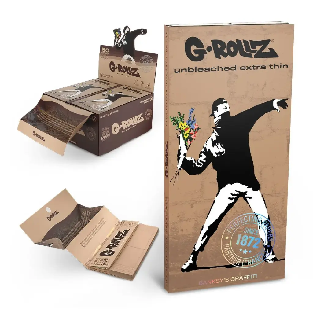 G-Rollz | Banksy's Graffiti 'Flower Thrower' Unbleached - 50 KS Papers + Tips & Tray (16/Display)