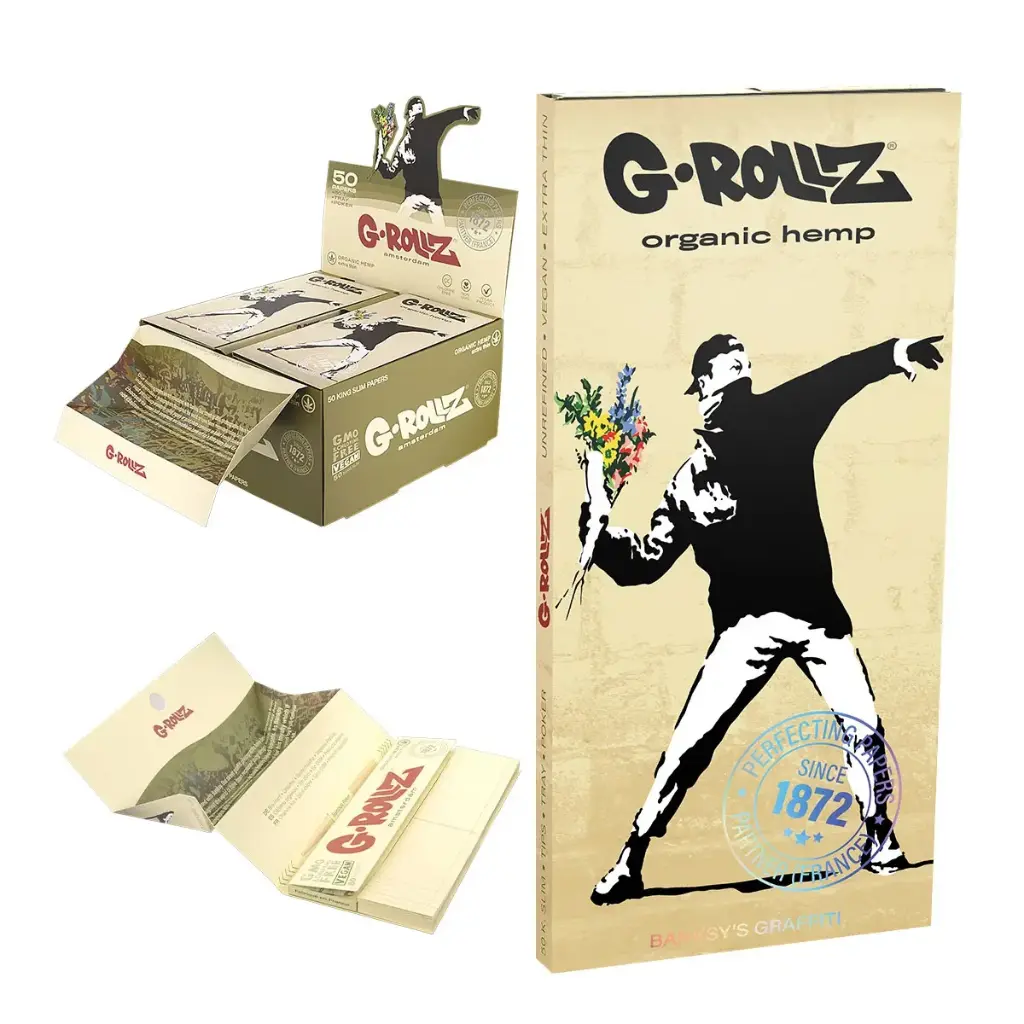 G-Rollz | Banksy's Graffiti KS - Organic Hemp Extra Thin - 50 KS Slim Papers + Tips & Tray