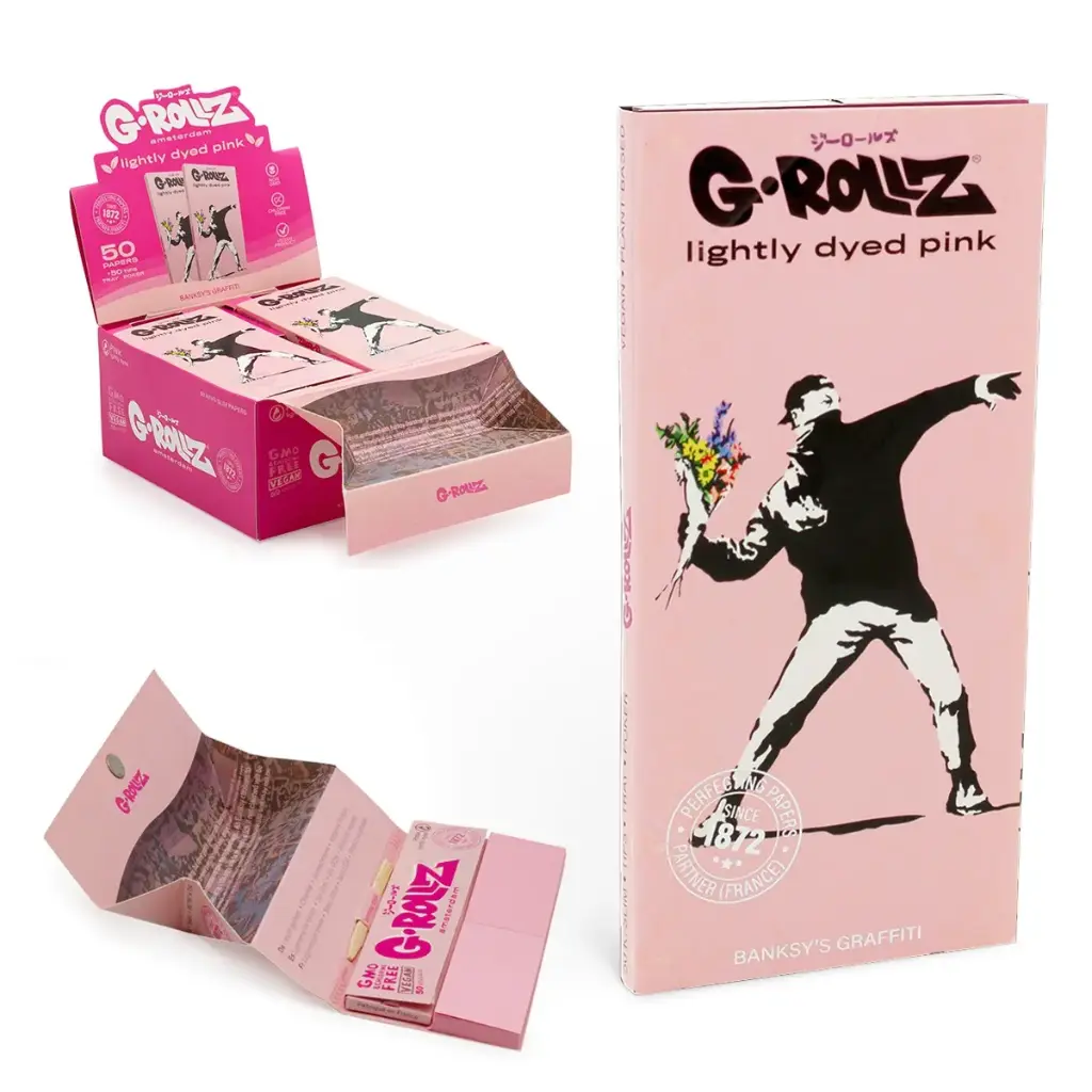 G-Rollz | Banksy's Graffiti KS Slim Set 9 - Lightly Dyed Pink - 50 KS Slim Papers + Tips & Tray