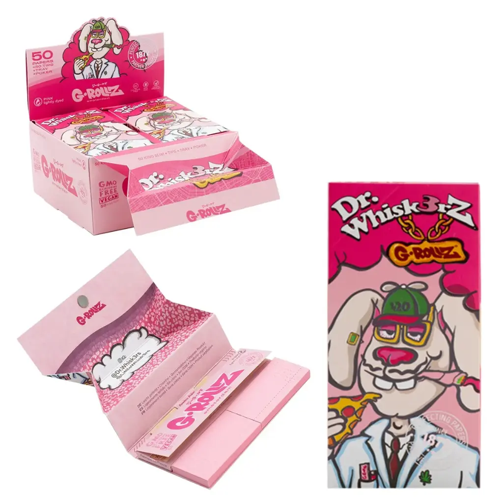 G-Rollz | 'Dr. Whiskerz' Lightly Dyed Pink - 50 KS Slim Papers + Tips & Tray