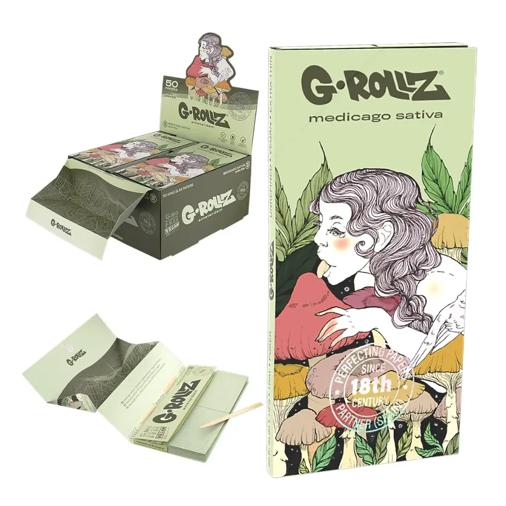 G-Rollz | 'Mushroom Lick' Medicago Sativa - 50 KS Slim Papers + Tips & Tray (16 Booklets Display)