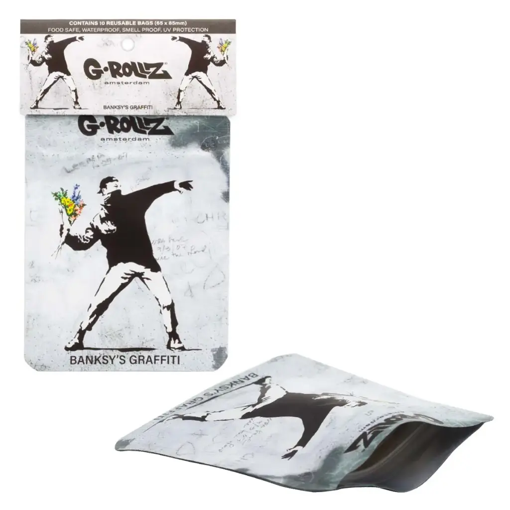 G-Rollz | Banksy's Graffiti 'Flower Thrower' Smell Proof Bags (65mm x 85mm)