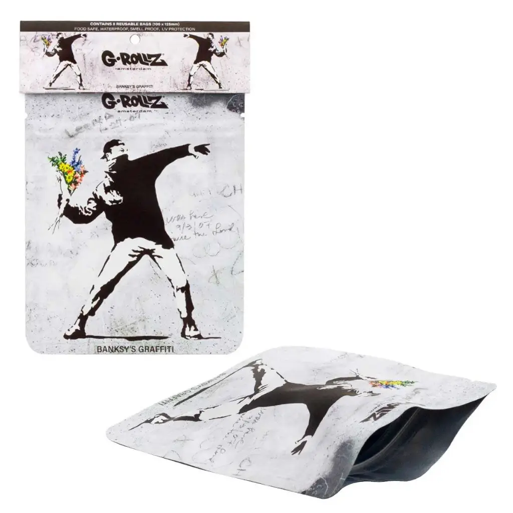 G-Rollz | Banksy's Graffiti 'Flower Thrower' Smell Proof Bags (100mm x 125mm)
