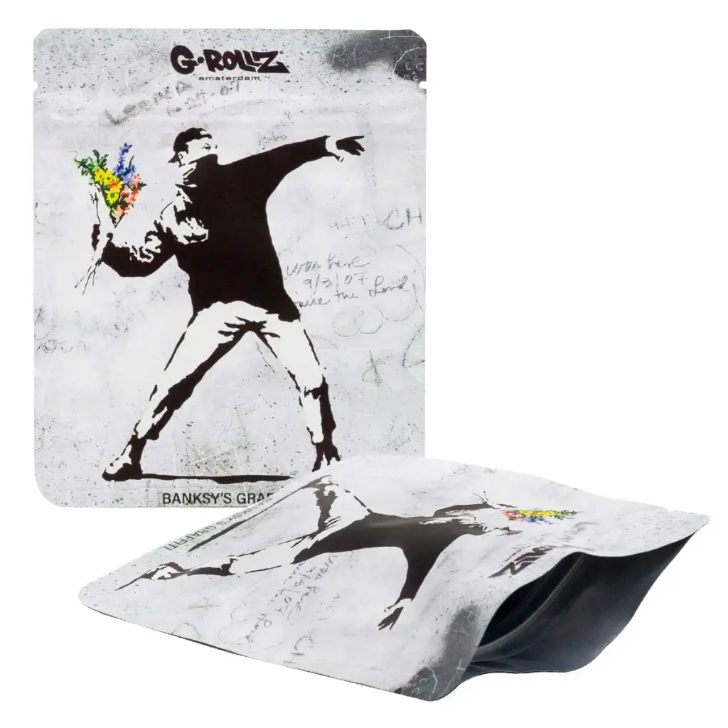 G-Rollz | Banksy's Graffiti 'Flower Thrower' 100x125 mm Smell Proof Bags - 8pcs in Display