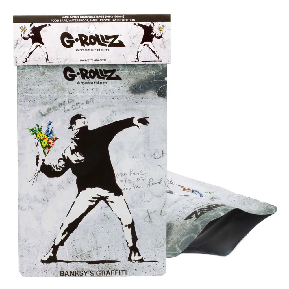 G-Rollz | Banksy's Graffiti 'Flower Thrower' Smell Proof Bags (100mm x 150mm)