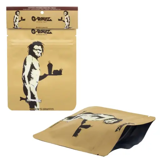 [BG4040E] G-Rollz | Banksy's Graffiti 'Fast Food Caveman' 100x125 mm Smell Proof Bags - 8pcs in Display
