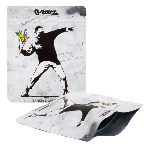 [BG4040HX] G-Rollz | Banksy's Graffiti 'Flower Thrower' 100x125 mm Smell Proof Bags - 8pcs in Display