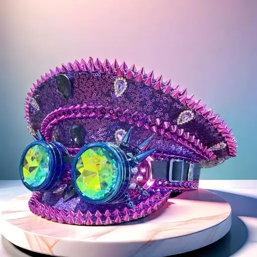 Unisex Purple Steampunk Goggles & Rhinestone Hat