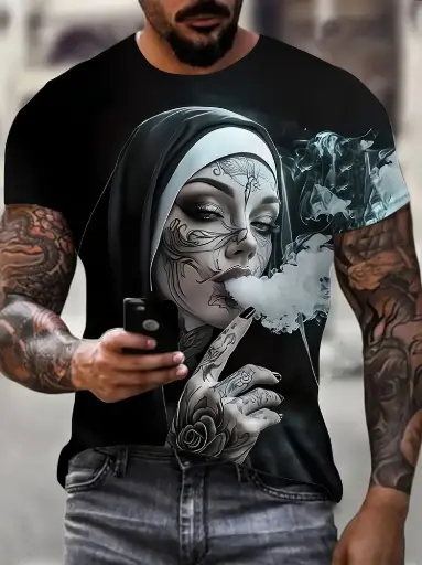 Men’s Black 3D Graphic T-Shirt – Smoking Nun Design