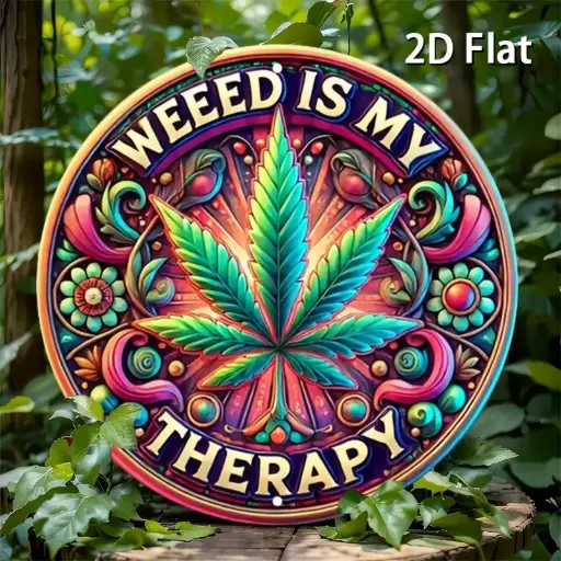 Vintage “Weed Is My Therapy” Metal Sign - Round Botanical Art Poster