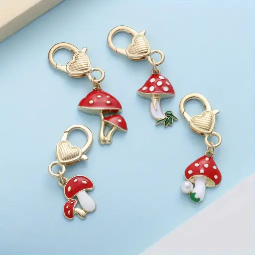 Heart Lobster-Clasp Keychains – Red Mushroom Charm Set
