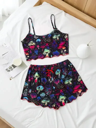 Colourful Mushroom Print Frill-Trim Pajama Set