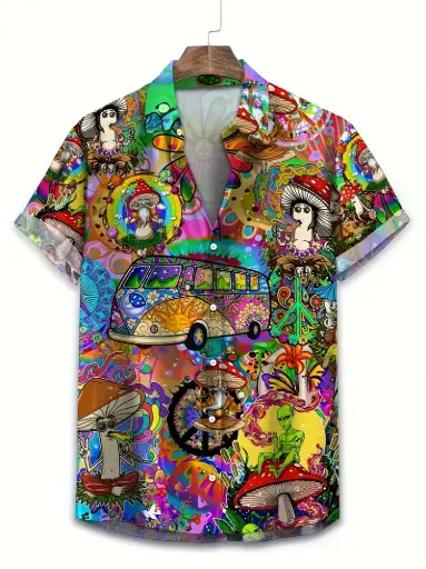 Men's Hippie Print Hawaiian Short Sleeve Button-Up Shirt 