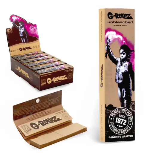 G-Rollz | Banksy's Graffiti 'Torch Boy' Unbleached - 50 KS Slim Papers + Tips (24 Booklets Display)