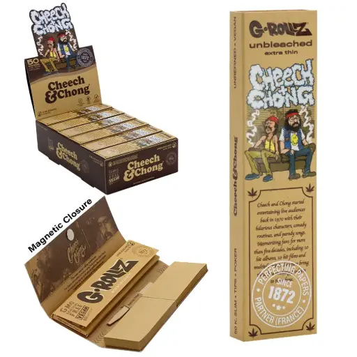 G-Rollz | Cheech & Chong™ 'In da Chair' Unbleached - 50 KS Slim Papers + Tips (24 Booklets Display)