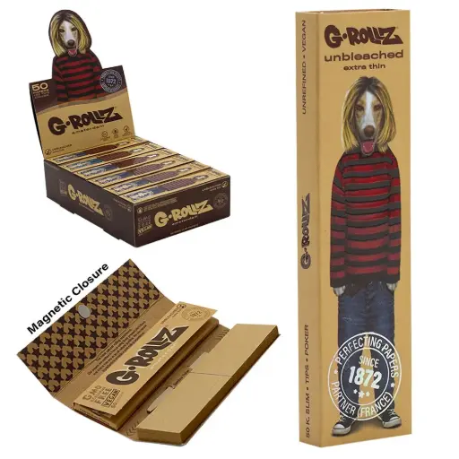 G-Rollz | Pets Rock 'Grunge' Unbleached - 50 KS Slim Papers + Tips (24 Booklets Display)