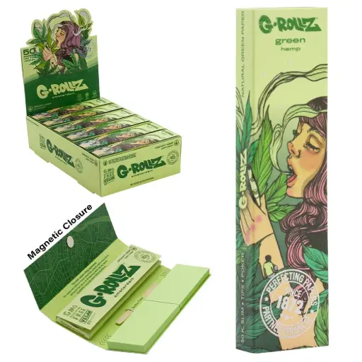 G-Rollz | Collector 'Mushroom Lady' Organic Green Hemp - 50 KS Slim Papers + Tips (24 Booklets Displ
