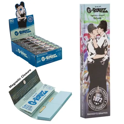 G-Rollz | Banksy's Graffiti 'Cop on Cop' Blue - 50 KS Slim Papers + Tips (24 Booklets Display)