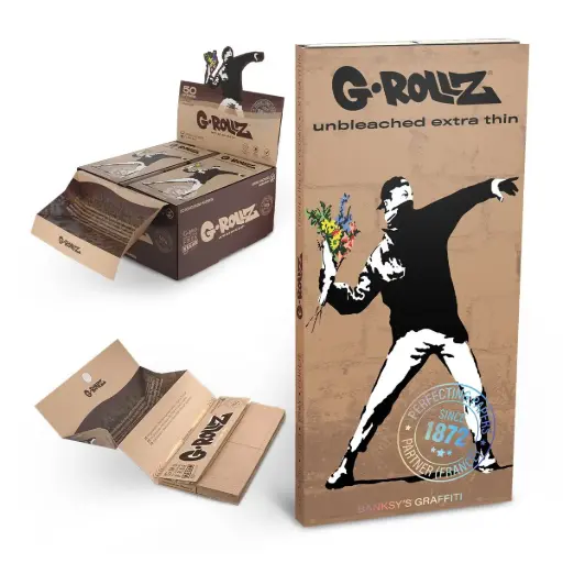 G-Rollz | Banksy's Graffiti 'Flower Thrower' Unbleached - 50 KS Papers + Tips & Tray (16/Display)